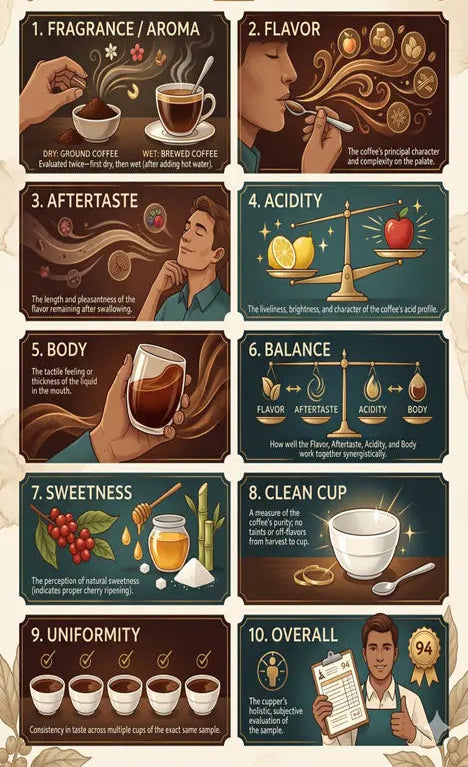 SCA Coffee Scoring Criteria poster with illustrations and text on coffee tasting aspects.